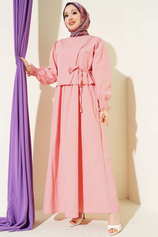 Poplin Jumper Dress with Lace Details in Powder Pink