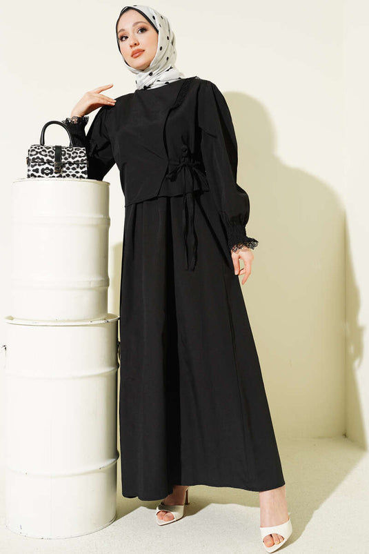 Abito a gilet in popeline con dettagli in pizzo nero