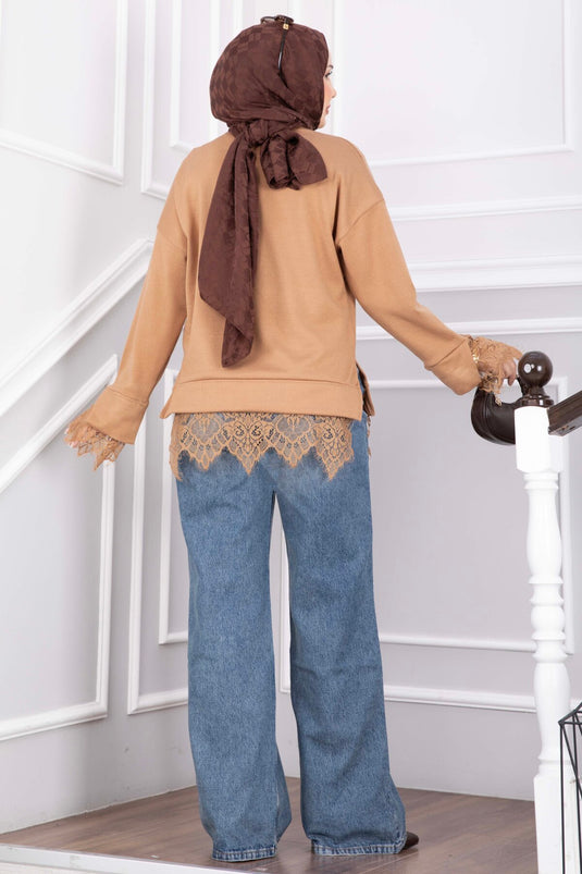 Dantel Detaylı Triko Kazak Camel