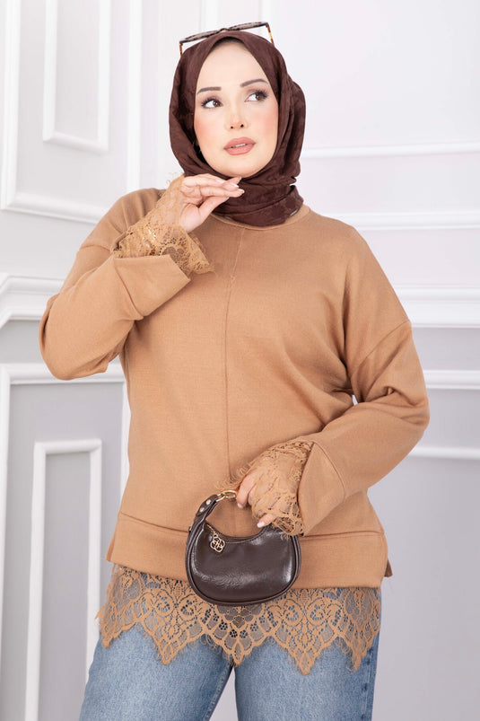 Dantel Detaylı Triko Kazak Camel