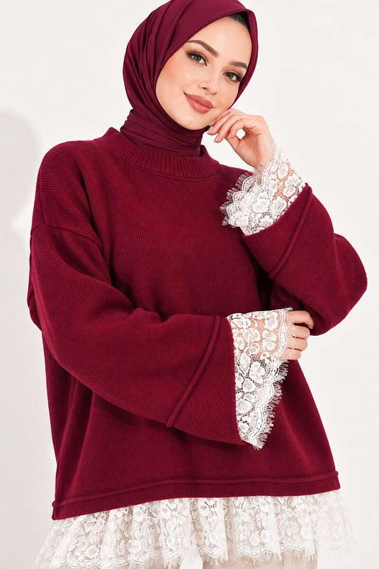 Dantel Detaylı Triko Tunik Bordo