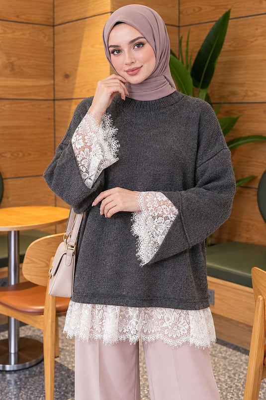 Tunique En Maille Avec Détails En Dentelle Füme