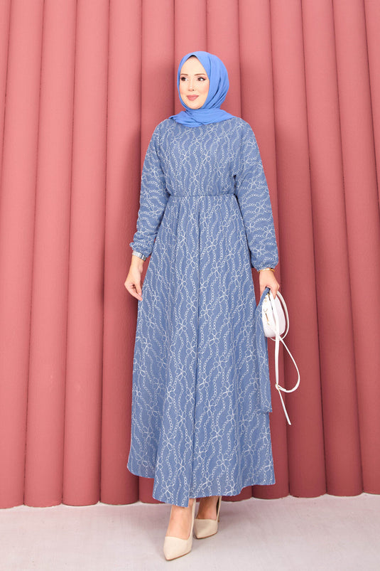 Indigo Kant En Textuur Modest Jurk Met Riem