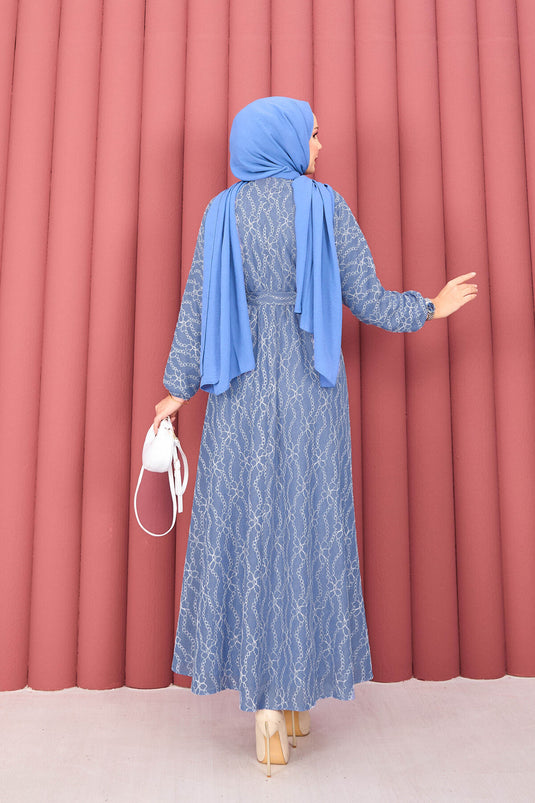 Robe Modeste En Dentelle Texturée Indigo Avec Ceinture