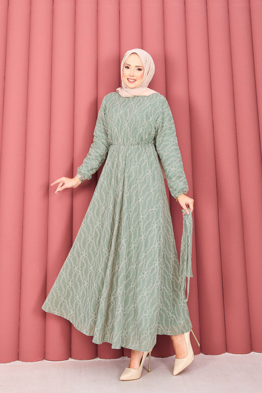 Robe hijab à ceinture amovible en dentelle texturée, couleur menthe