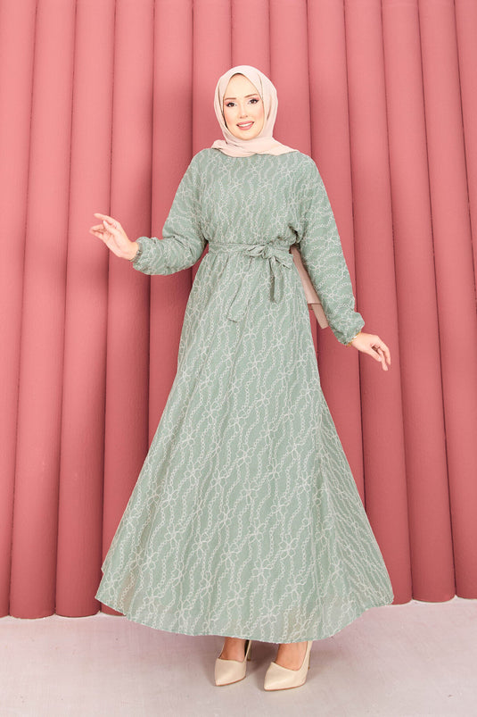 Robe hijab à ceinture amovible en dentelle texturée, couleur menthe