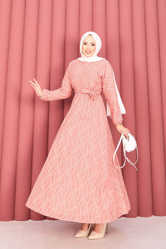 Robe hijab à ceinture amovible en dentelle texturée, couleur poudre