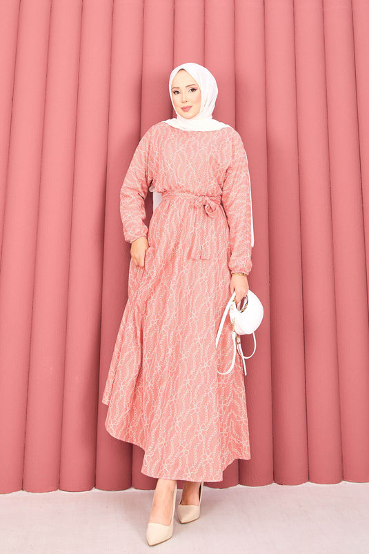 Robe hijab à ceinture amovible en dentelle texturée, couleur poudre