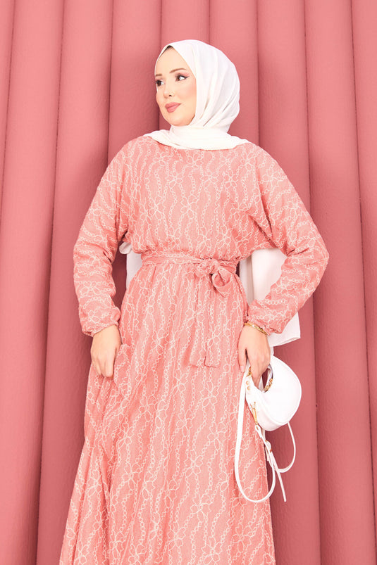 Robe hijab à ceinture amovible en dentelle texturée, couleur poudre