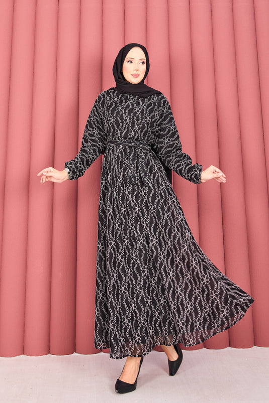 Robe hijab noire en dentelle texturée avec ceinture amovible