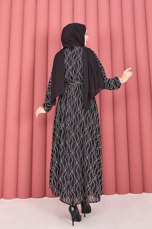 Robe hijab noire en dentelle texturée avec ceinture amovible