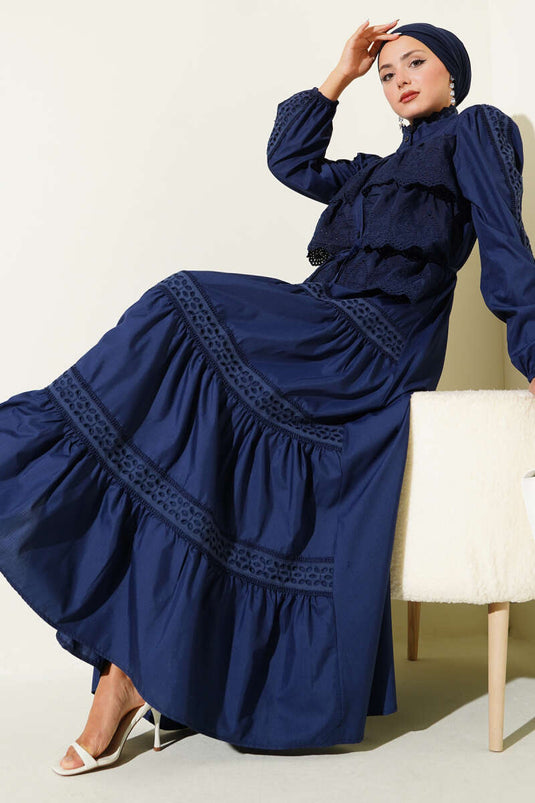 Lace Ruffle Buttoned Dress Navy Blue