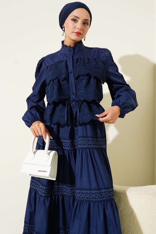 Lace Ruffle Buttoned Dress Navy Blue