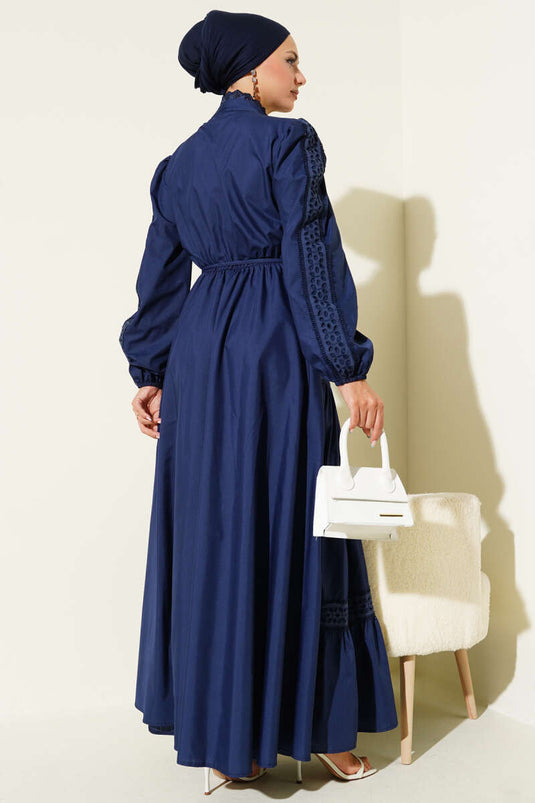 Lace Ruffle Buttoned Dress Navy Blue