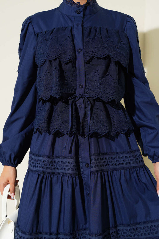 Lace Ruffle Buttoned Dress Navy Blue