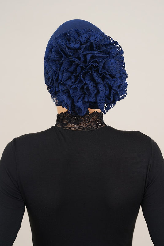 Navy Blue Bonnet with Lace Ruffles