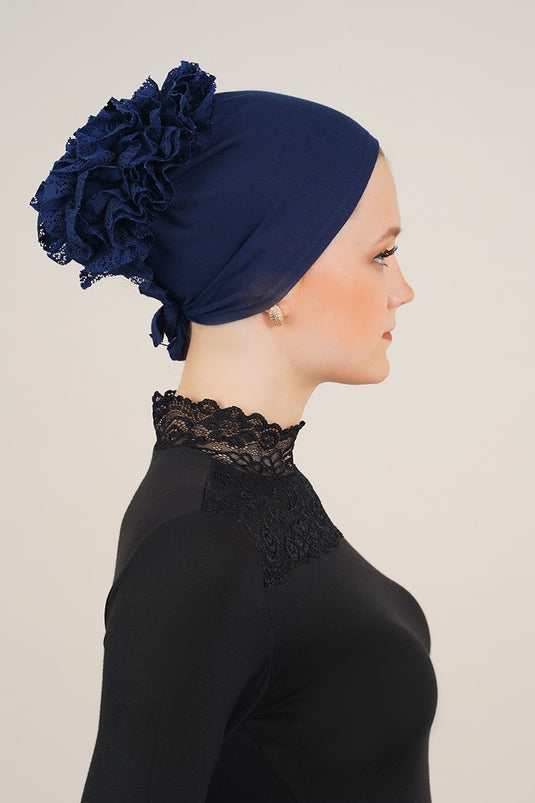 Navy Blue Bonnet with Lace Ruffles