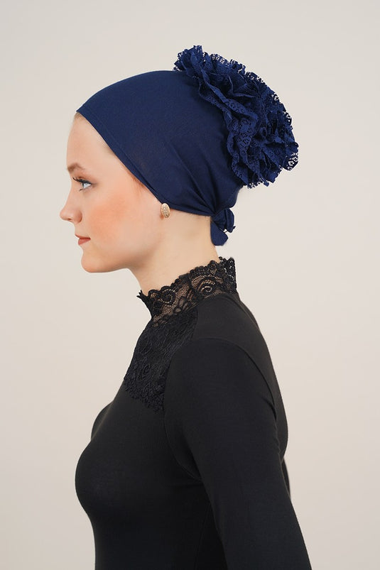 Navy Blue Bonnet with Lace Ruffles
