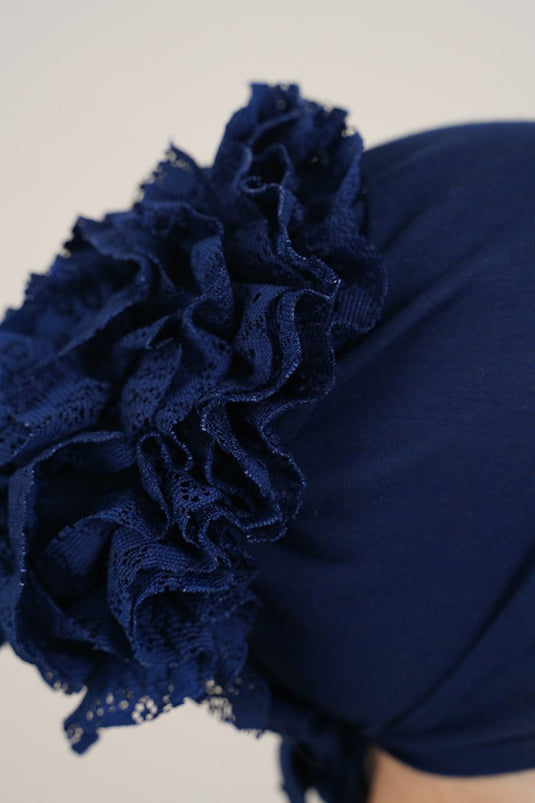Navy Blue Bonnet with Lace Ruffles