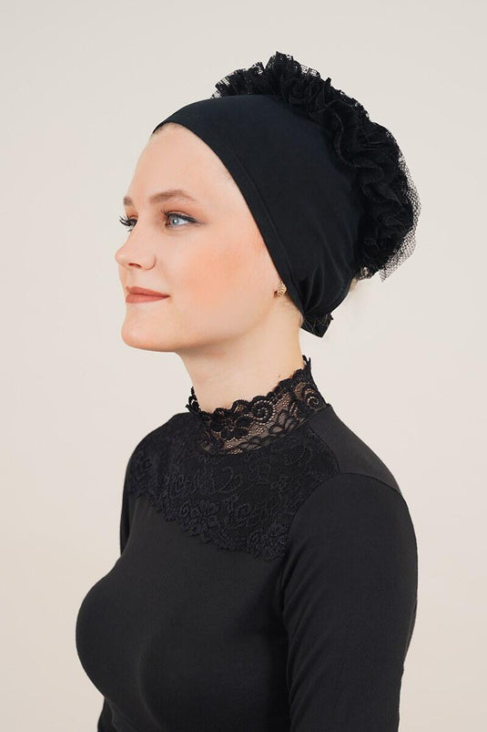 Lace Frilly Black Bonnet