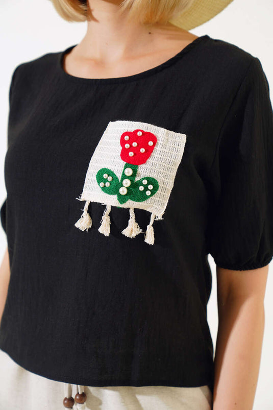 Lace Embroidered Linen T-shirt Black