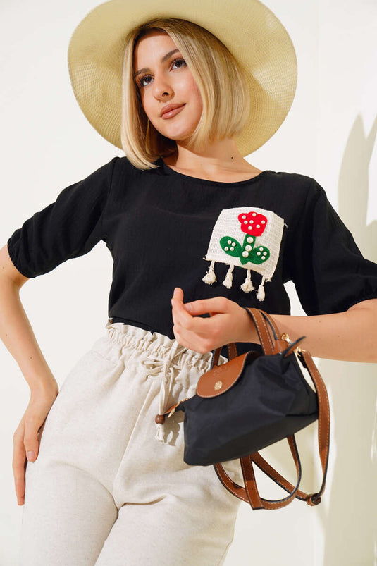 Lace Embroidered Linen T-shirt Black
