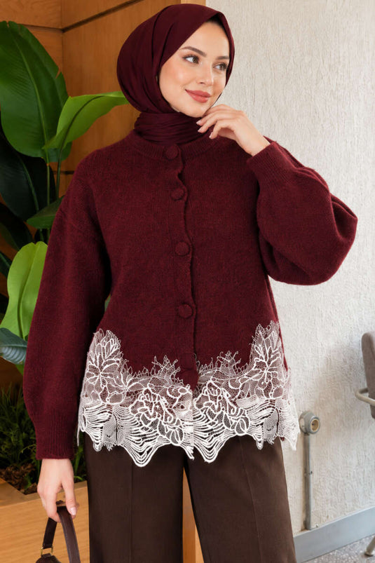 Bordeaux Spitzenbestickte Strickjacke