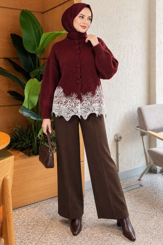 Bordeaux Spitzenbestickte Strickjacke