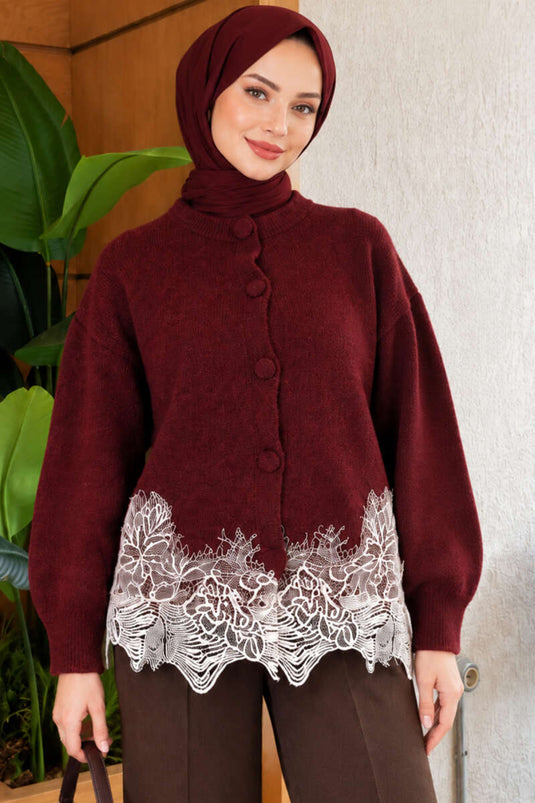 Bordeaux Spitzenbestickte Strickjacke