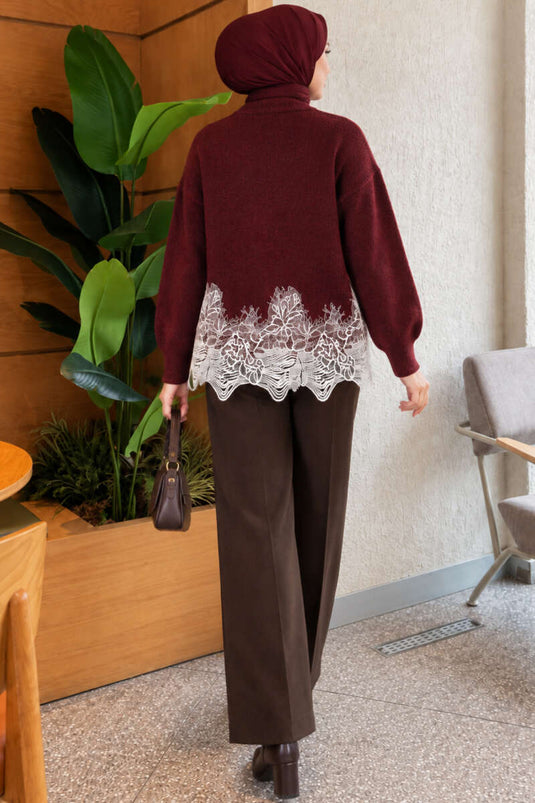 Bordeaux Spitzenbestickte Strickjacke