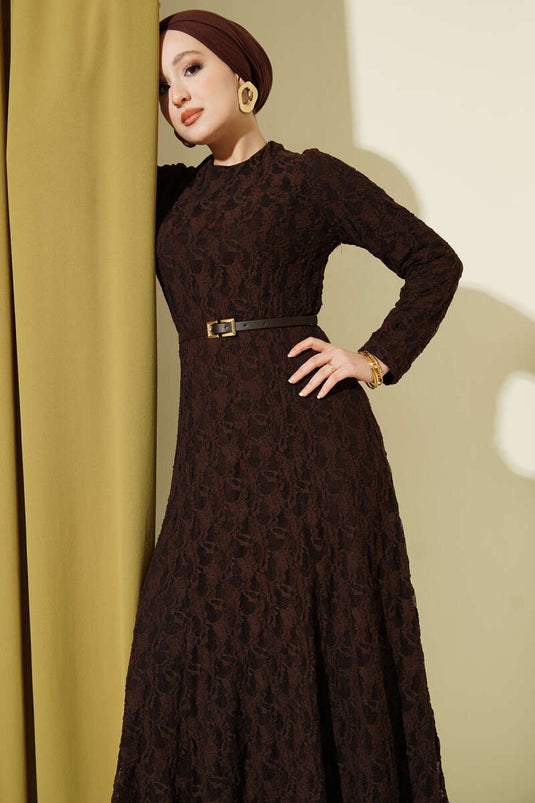 Dantel Kemer Detaylı Elbise Kahve