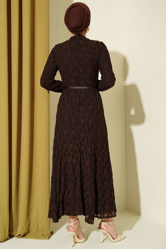 Dantel Kemer Detaylı Elbise Kahve