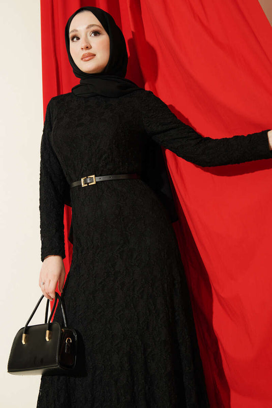 Dantel Kemer Detaylı Elbise Siyah