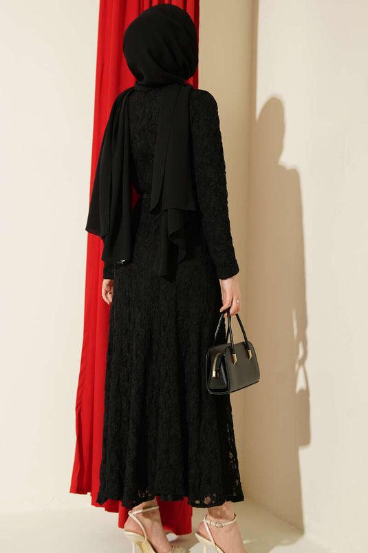 Dantel Kemer Detaylı Elbise Siyah