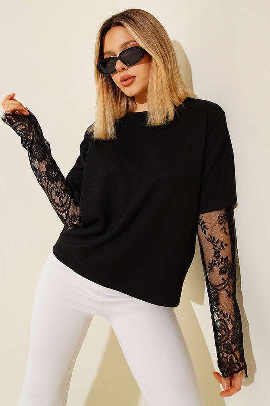 T-shirt à manches dentelle Loyşa noir