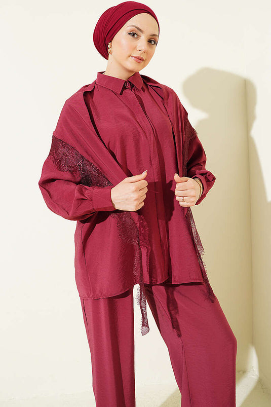 Lace Scarf Detailed Hidden Button Set Burgundy