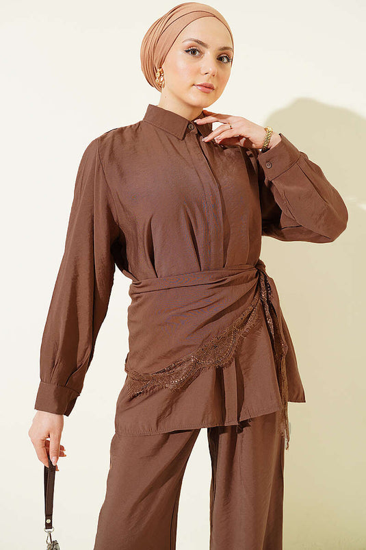 Lace Scarf Detailed Hidden Button Set Brown