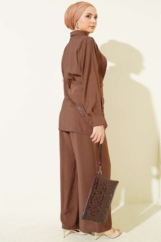 Lace Scarf Detailed Hidden Button Set Brown