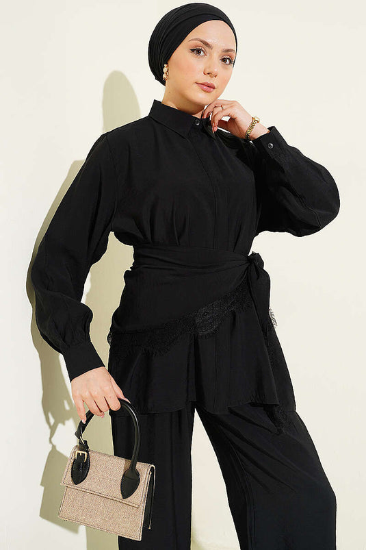 Lace Scarf Detailed Hidden Button Set Black