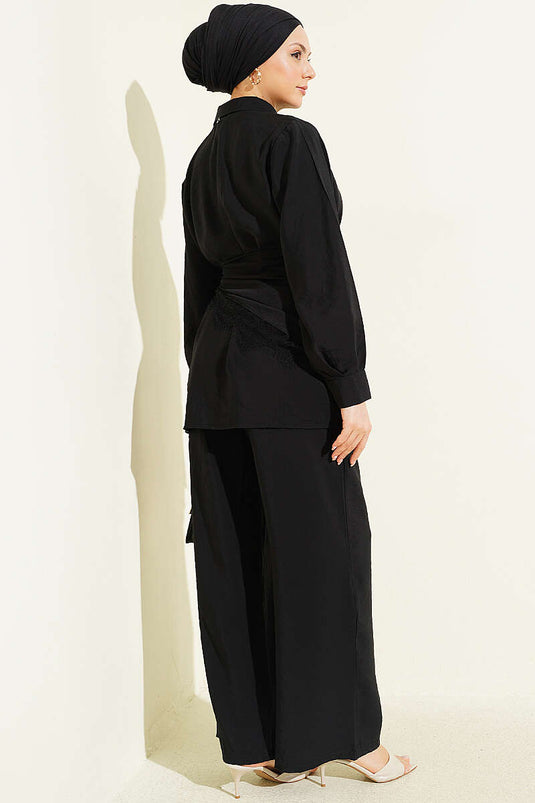 Lace Scarf Detailed Hidden Button Set Black