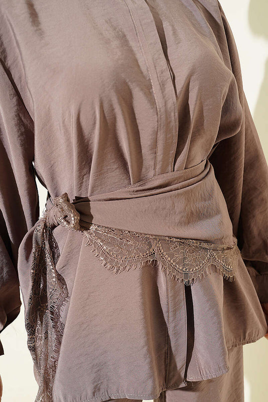 Lace Shawl Detailed Hidden Button Set Mink