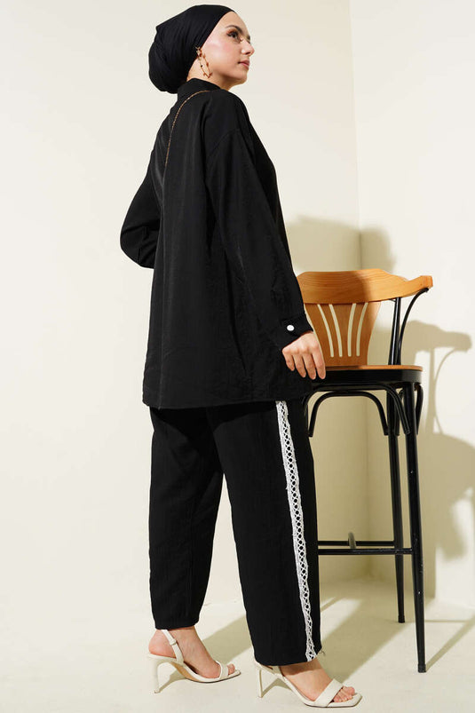 Lace Trimmed Pocket Two-Piece Set Black