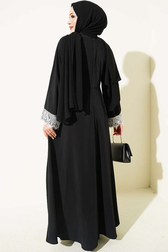 Schwarzes Spitzenkleid Mit Stein-Details