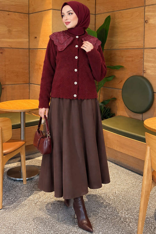 Cardigan Con Colletto In Pizzo Borgogna E Bottoni Con Dettagli Con Perline