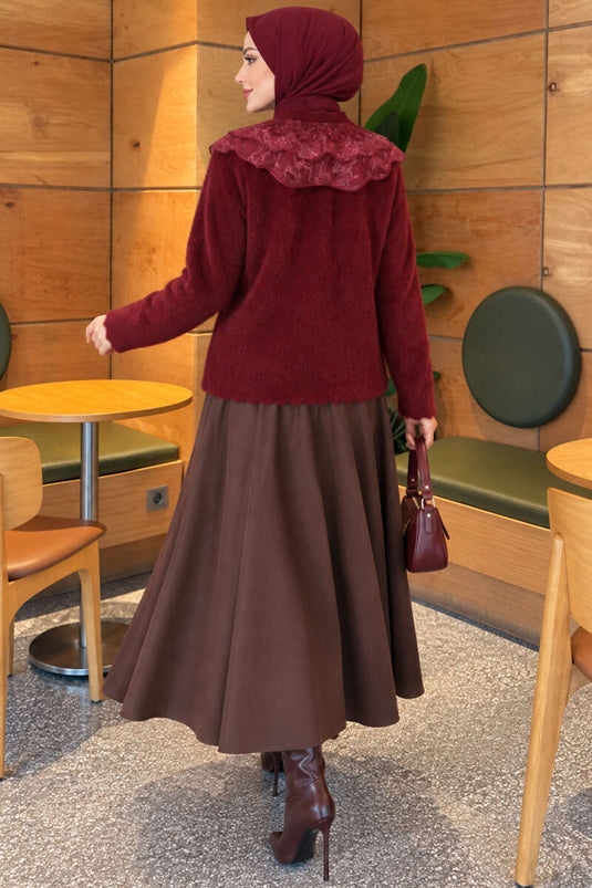 Cardigan Con Colletto In Pizzo Borgogna E Bottoni Con Dettagli Con Perline