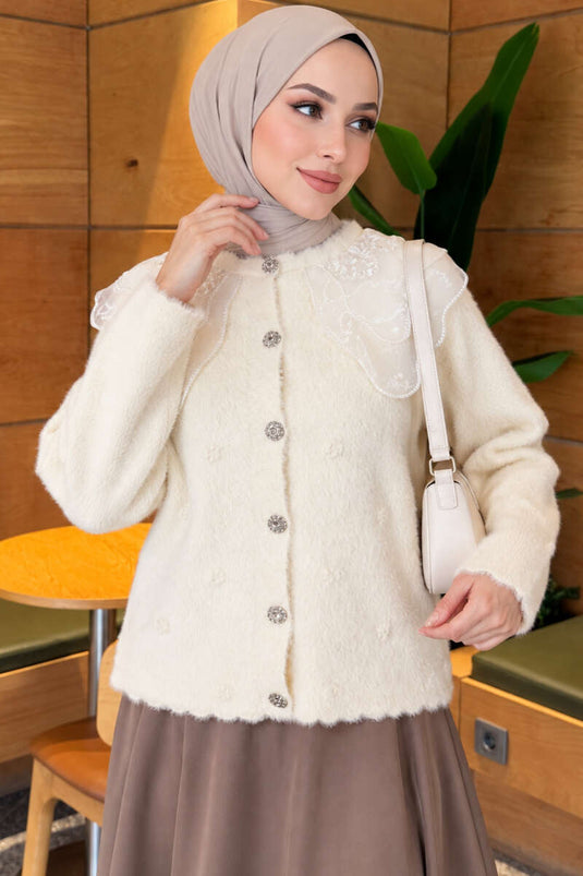 Cardigan Con Colletto In Pizzo E Bottoni, Ricamato In Beige