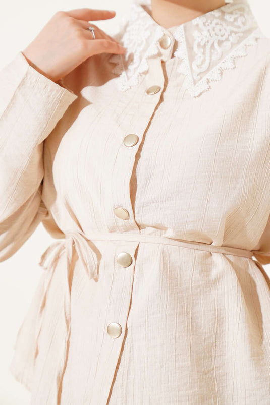 Dantel Yaka Etekli İkili Takım Bej