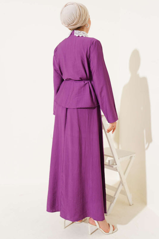 Lace Collar Skirted Two Piece Suit Magenta