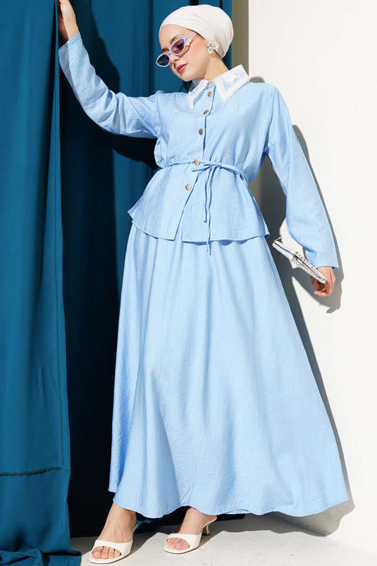 Lace Collar Skirted Two Piece Suit Blue