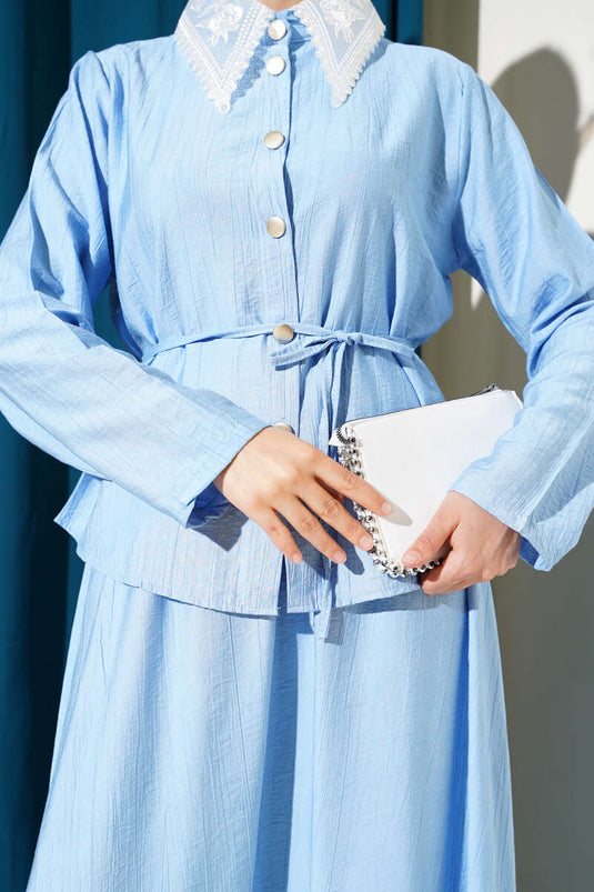 Lace Collar Skirted Two Piece Suit Blue